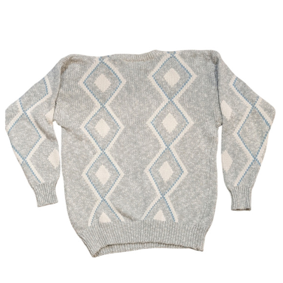 VTG Claiborne Cotton Cream Blue Argyle Knit Mens Sweater Grandpacore Large - Picture 2 of 9